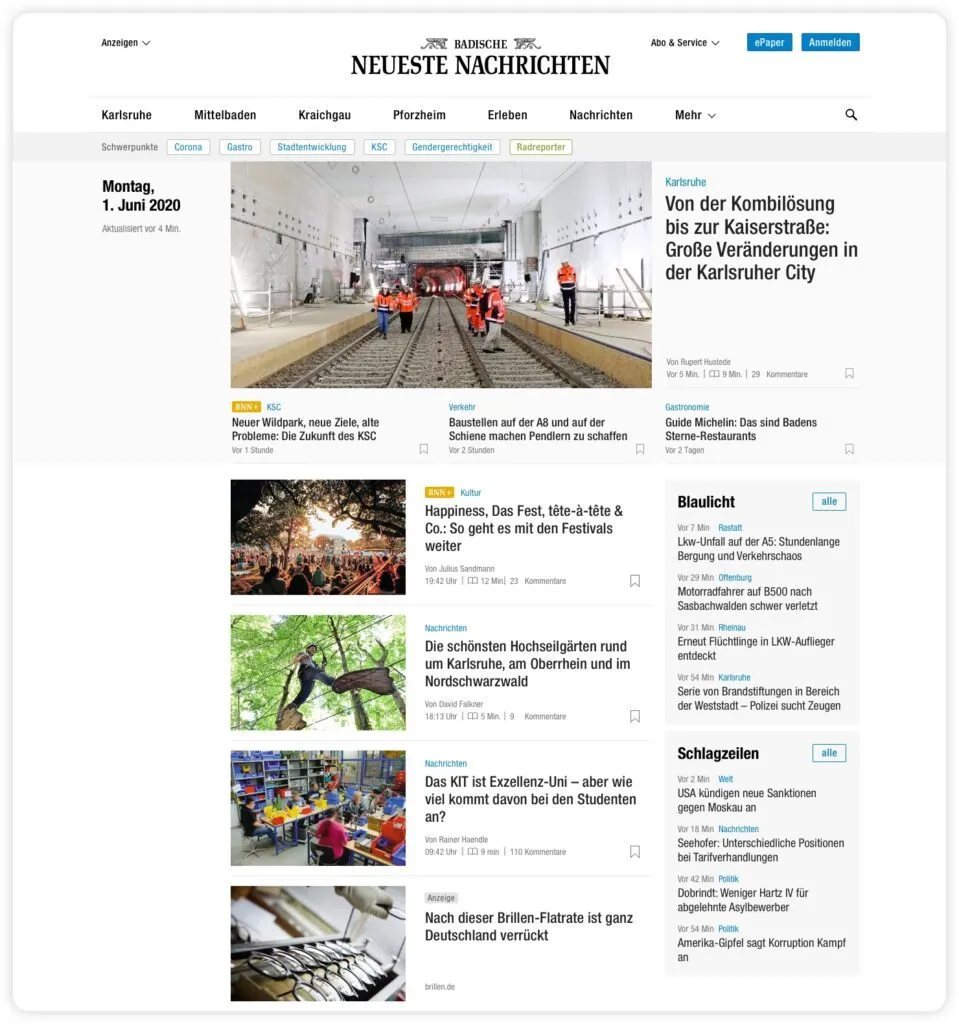 The BNN front page on desktop