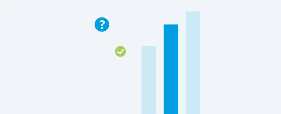 Product advisor teaser: bar chart with question mark and checkmark icons