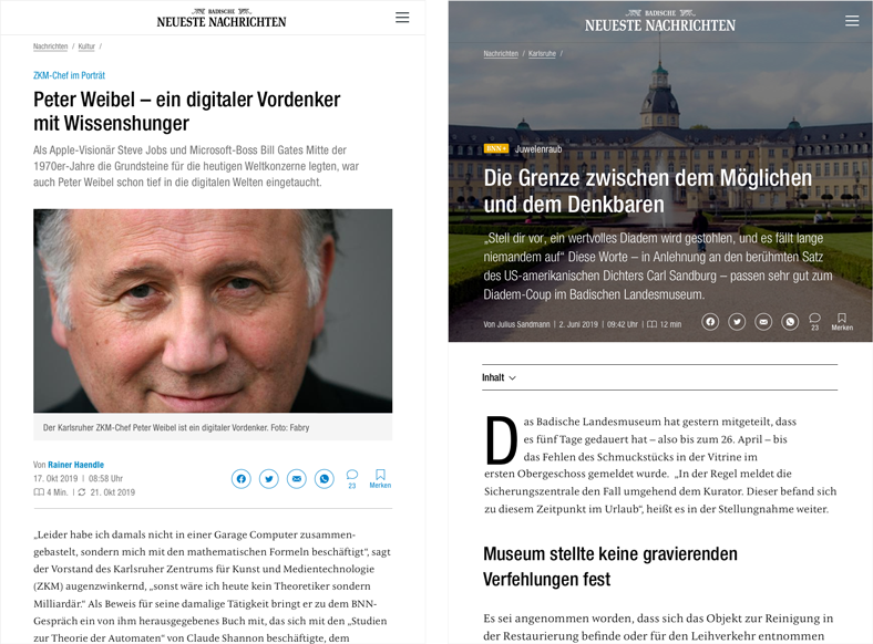 Tablet-Ansicht von Artikel (links) und Longread (rechts)