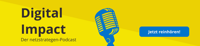 Digital Impact Podcast Cover mit Mikrofon und dem Action Button "jetzt reinhören!"