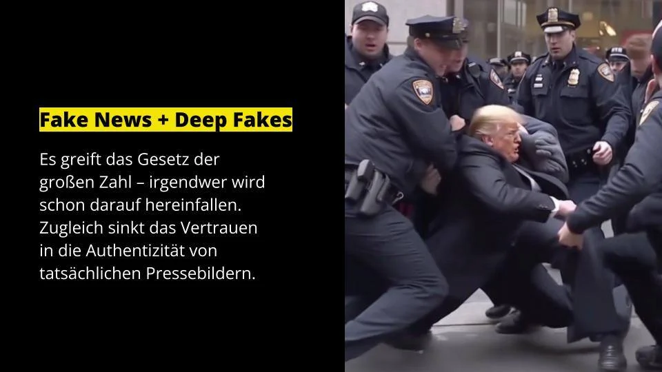 Fake News und Deep Fakes: Auf einem Deep Fake Bild wird Donald Trump von Polizisten abgeführt