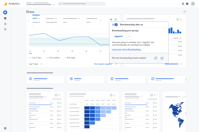 Einblick in Google Analytics 4 mit Benchmarking Funktion in der Übersichtskarte