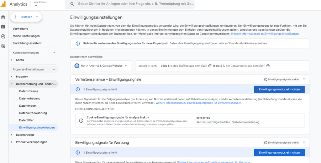 Darstellung der Einwillungseinstellungen in GA4