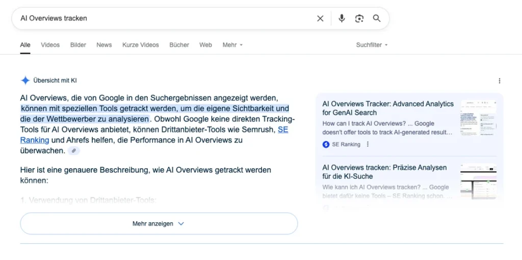 Text auf Deutsch erklärt, wie AI Overviews mit Drittanbieter-Tools wie GA4 getrackt werden können, um die Sichtbarkeit zu analysieren und zu verbessern.