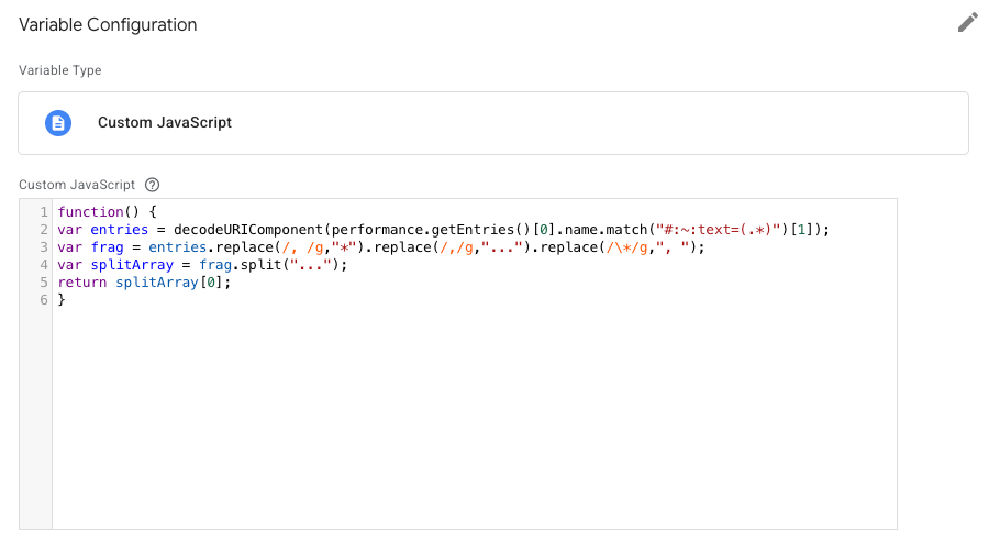 Benutzerdefinierte JavaScript-Konfiguration in GA4-Variablen mit AI Overviews, zeigt Code zur Datenmanipulation und -extraktion in Google Analytics 4.