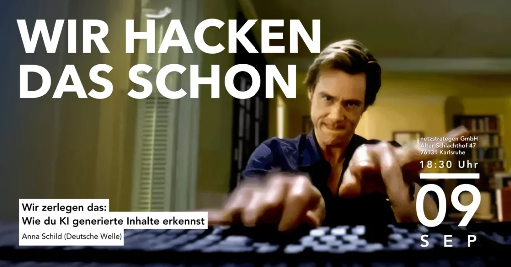 Person hackt auf Tastatur. Text informiert über KI-Inhalte-Erkennung. Eventdetails von netzstrategen Karlsruhe. Relevant für AI Overviews GA4.