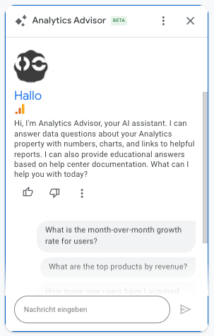 Screenshot des Analytics Advisor, ein KI-basiertes Tool zur Webanalyse, das in natürlicher Sprache auf Fragen zu Google Analytics Daten antwortet.