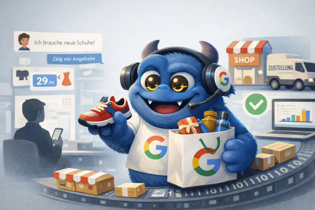 KI in der Webanalyse: Ein blaues Monster mit Google-Logo bietet personalisierte Einkaufserlebnisse mit Hilfe von KI-gestützter Webanalyse.