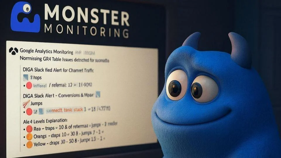 Ein blauer Charakter betrachtet Google Analytics Monitoring, das Google Ads Conversions anzeigt und wichtige Daten analysiert.