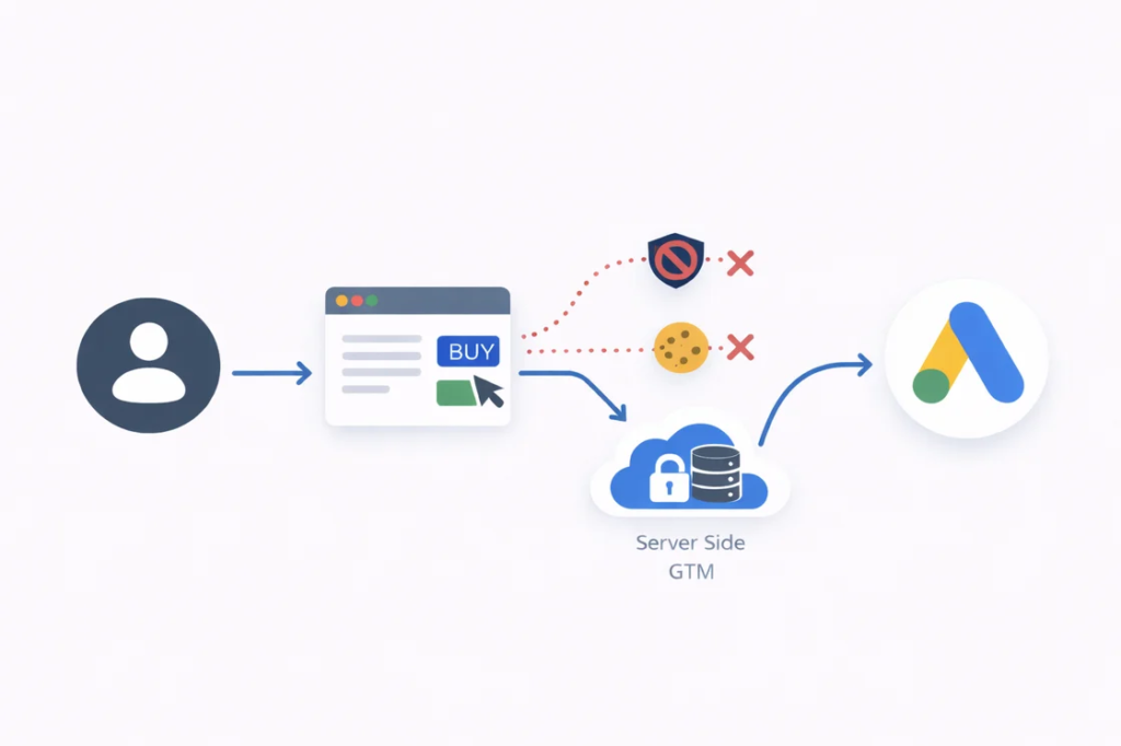 Diagramm zur Verfolgung von Google Ads Conversions über Server Side GTM und Benutzerinteraktionen auf Webseiten.